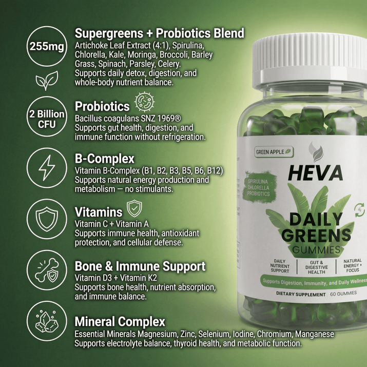Heva Daily Greens Gummies - Probiotics and Sugar Free - Heva