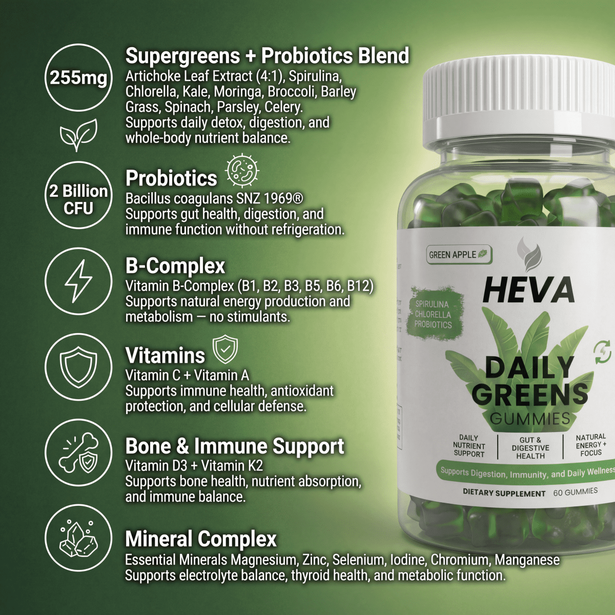 Heva Daily Greens Gummies - Probiotics and Sugar Free - Heva