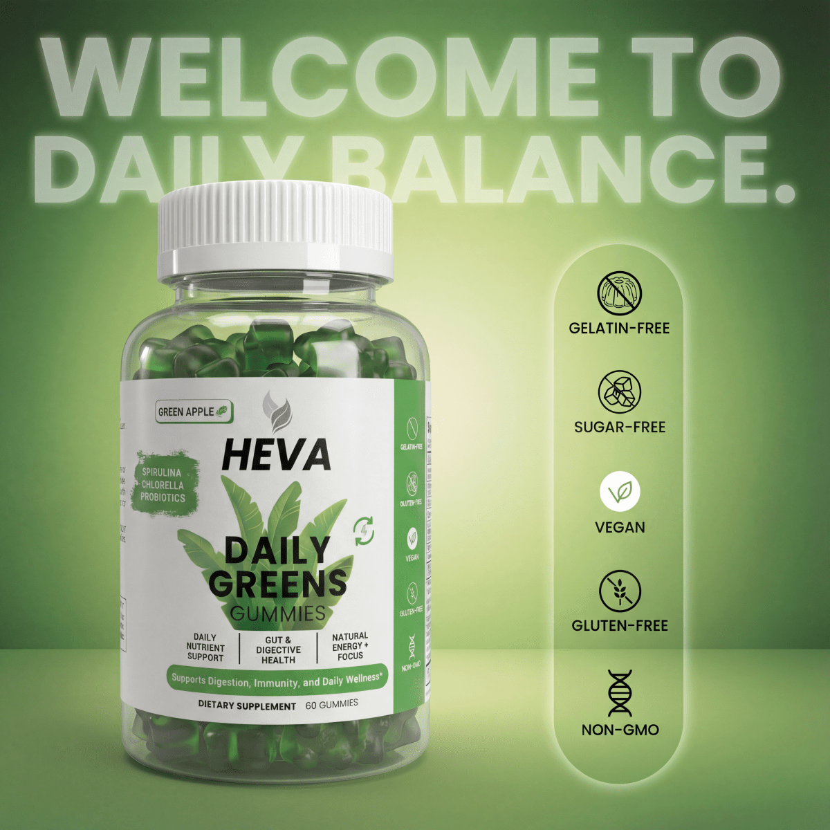 Heva Daily Greens Gummies - Probiotics and Sugar Free - Heva